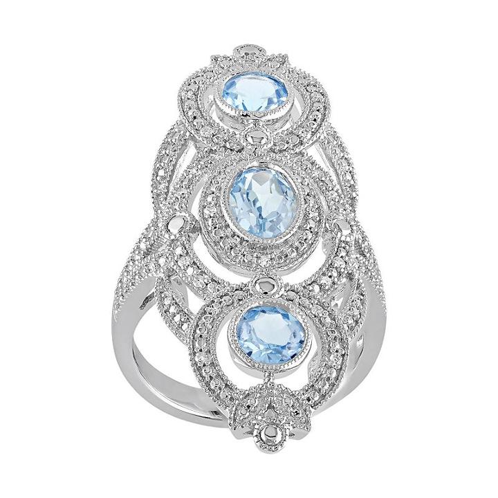 Sky Blue Topaz & 1/10 Carat T.w. Diamond Sterling Silver 3-stone Ring, Women's, Size: 6
