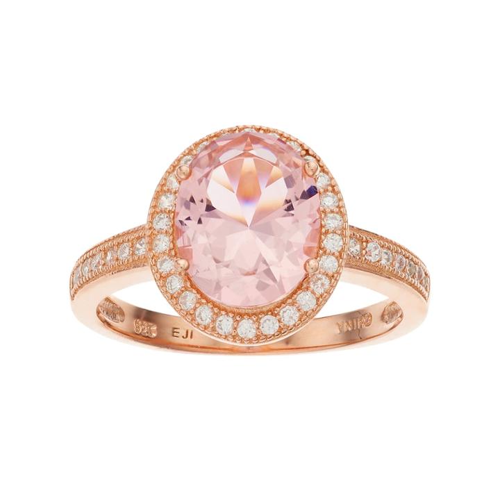 18k Rose Gold Over Silver Crystal & Cubic Zirconia Oval Halo Ring, Women's, Size: 8, Pink