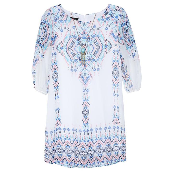 Girls 7-16 Iz Amy Byer 3/4-length Sleeve Patterned Chiffon Shirt Dress With Necklace, Girl's, Size: 16, Ovrfl Oth