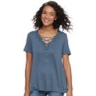 Juniors' Cloud Chaser Floral Crochet V-neck Tee, Teens, Size: Small, Blue (navy)