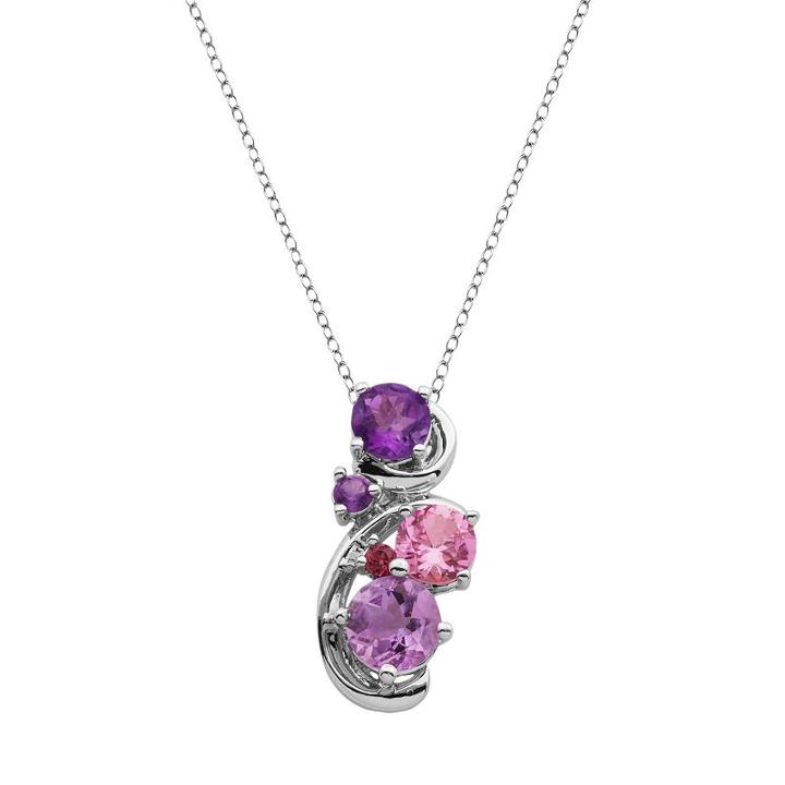 Sterling Silver Amethyst, Rhodolite Garnet And Lab-created Pink Sapphire Swirl Pendant, Women's, Size: 18, Purple