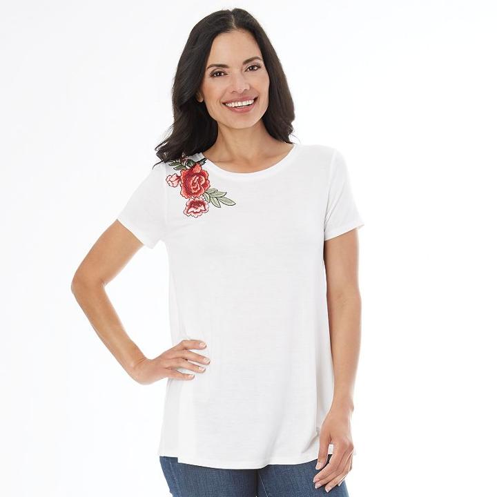 Women's Ab Studio Floral Applique Tee, Size: Xlrg Av/rg, White Oth