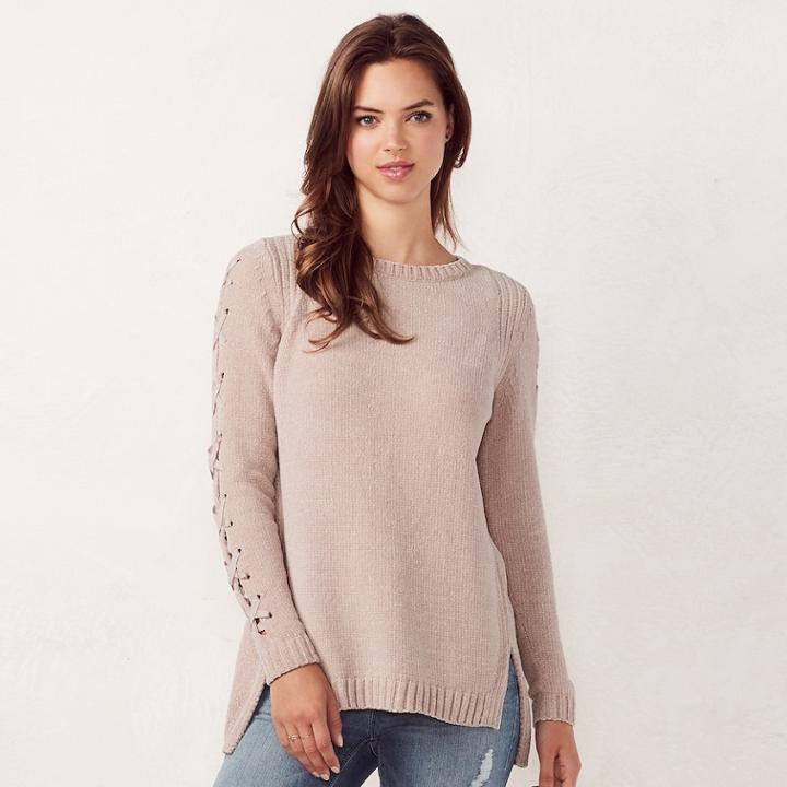 Women's Lc Lauren Conrad Chenille Lace-up Crewneck Sweater, Size: Medium, Multicolor