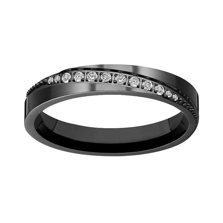 Black Ion-plated Titanium Cubic Zirconia Diagonal Stripe Wedding Ring, Adult Unisex, Size: 6