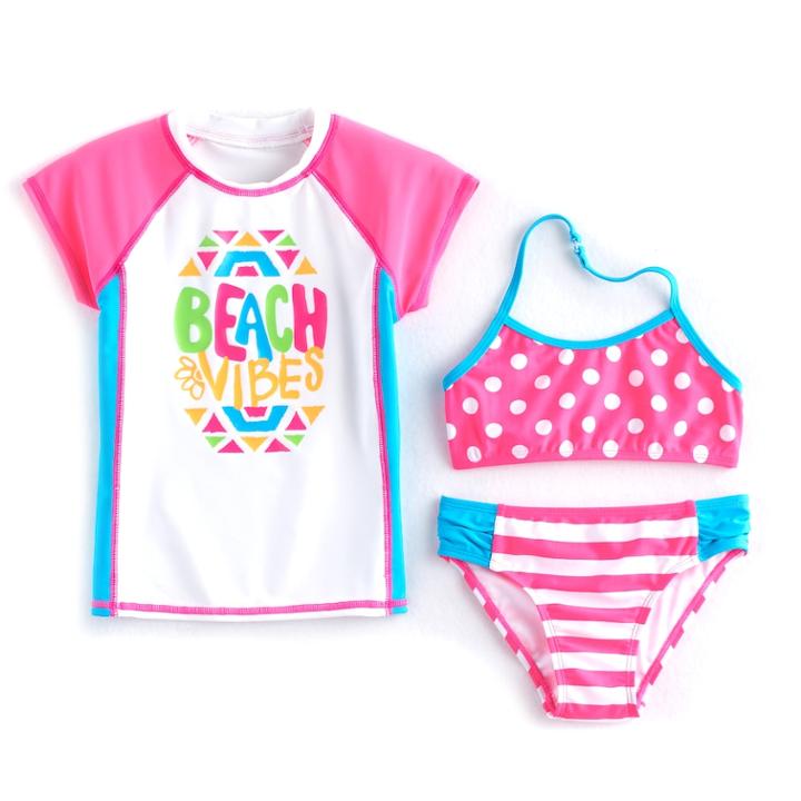Girls 4-6x So&reg; Rashguard, Polka-dot Bikini Top & Striped Bottoms Swimsuit Set, Size: 6x, Pink