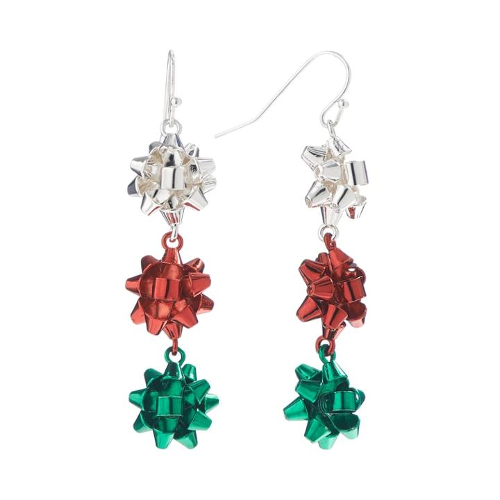 Silver Tone Christmas Bow Linear Drop Earrings, Women's, Multicolor