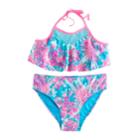 Girls 7-16 So&reg; Crochet Yoke Flounce Bikini Top & Bottoms Swimsuit Set, Size: 14, Turquoise/blue (turq/aqua)