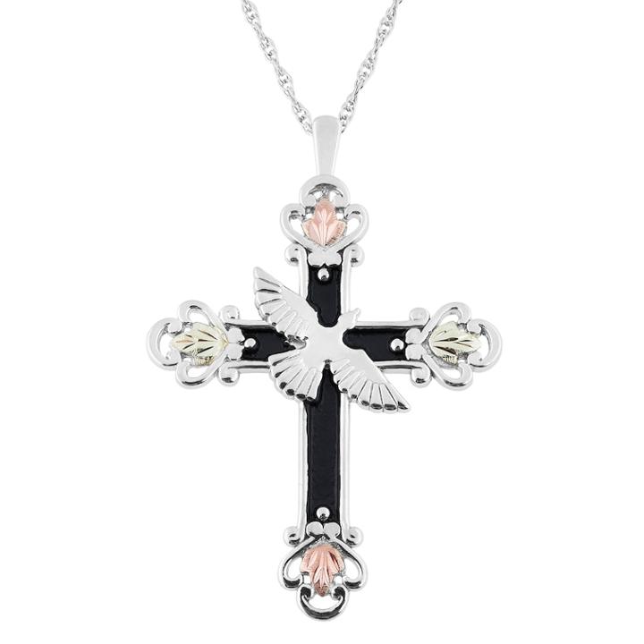 Black Hills Gold Tri-tone Dove & Cross Pendant Necklace In Sterling Silver, Women's, Size: 18, Grey