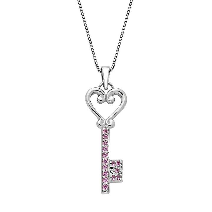 Sterling Silver Lab-created Pink Sapphire Heart & Key Pendant, Women's, Size: 18