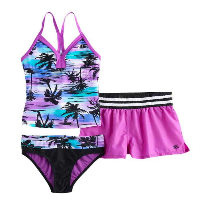 Girls 7-16 Zeroxposur Palm Print 3-pc. Tankini Set, Size: 8, Red (beet)