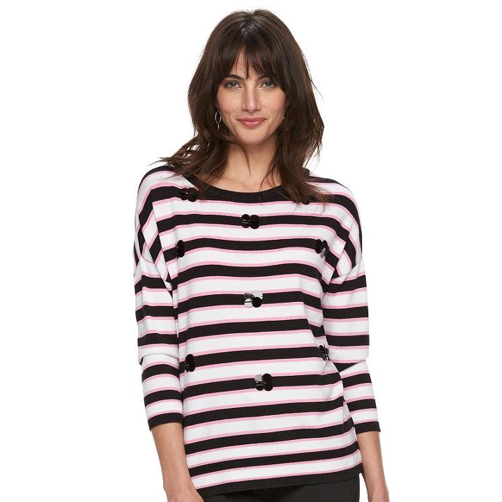 Women's Elle&trade; Striped Paillette Crewneck Sweater, Size: Xs, Med Pink