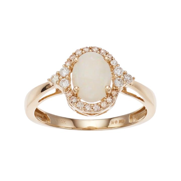 10k Gold Opal & 1/6 Carat T.w. Diamond Oval Halo Ring, Women's, Size: 8, White