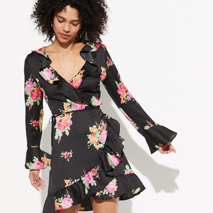 K/lab Long Sleeve Floral Wrap Dress, Teens, Size: Medium, Black
