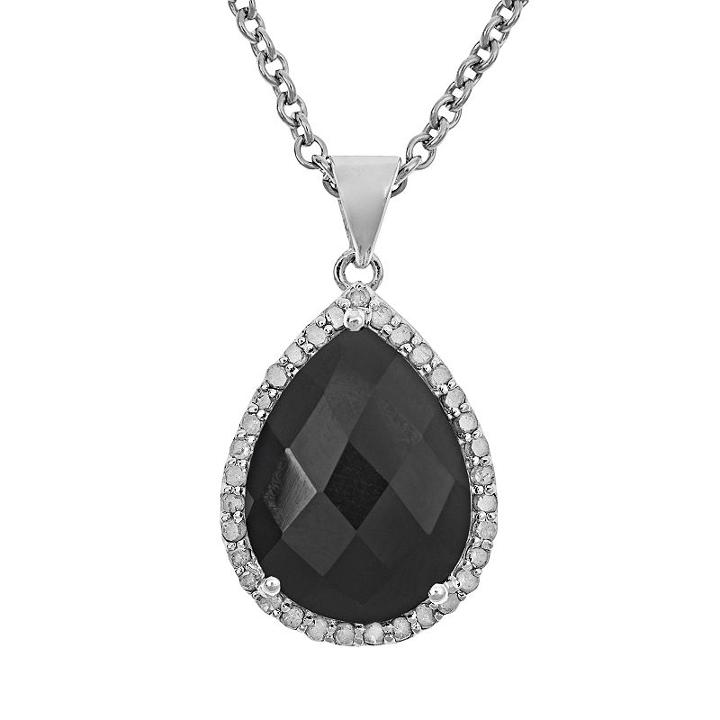 Sterling Silver 1/3-ct. T.w. Diamond And Black Agate Teardrop Pendant, Women's, Size: 18
