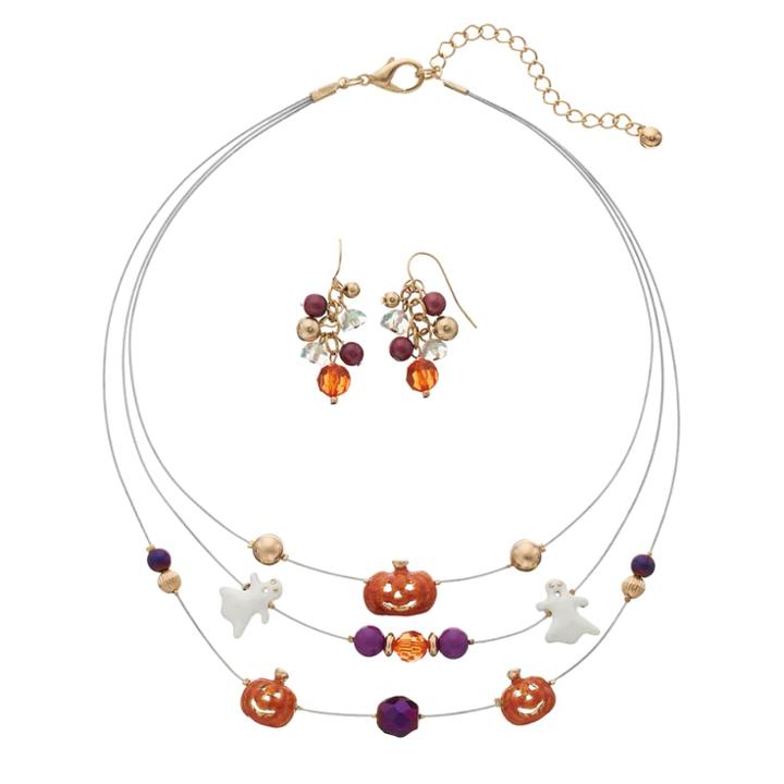 Pumpkin & Skeleton Multi Strand Necklace & Beaded Drop Earring Set, Women's, Multicolor