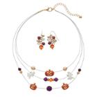 Pumpkin & Skeleton Multi Strand Necklace & Beaded Drop Earring Set, Women's, Multicolor
