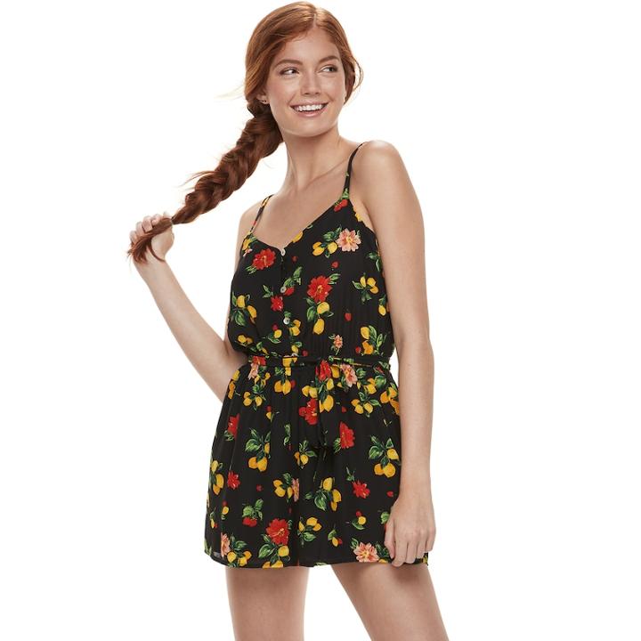 Juniors' Lily Rose Belted Printed Romper, Teens, Size: Small, Black Jade Lemon