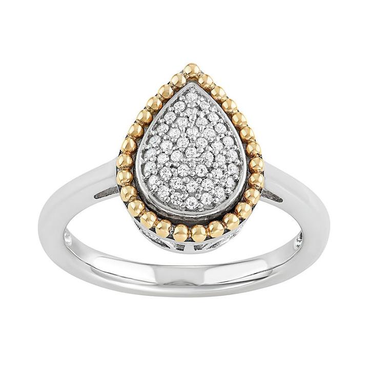 Two Tone Sterling Silver 1/5 Carat T.w. Diamond Teardrop Halo Ring, Women's, Size: 7, White