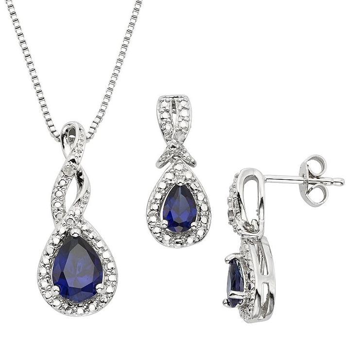 Lab-created Sapphire And Diamond Accent Silver-plated Teardrop Halo Pendant Necklace And Drop Earring Set, Women's, Size: 18, Blue