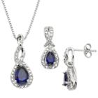 Lab-created Sapphire And Diamond Accent Silver-plated Teardrop Halo Pendant Necklace And Drop Earring Set, Women's, Size: 18, Blue