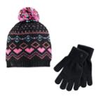 Girls Cuddl Duds Fairisle Pattern Knit Beanie Hat & Gloves Set, White Oth