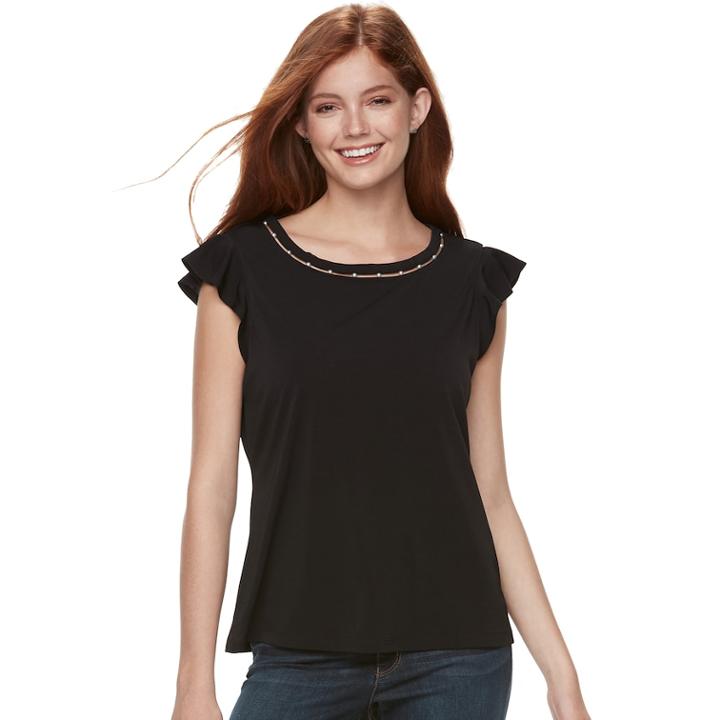 Juniors' Candie's&reg; Simulated Pearl-trim Flutter Tee, Teens, Size: Xl, Black