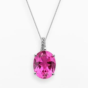 Sterling Silver Lab-created Pink Sapphire And Diamond Accent Oval Pendant, Women's, Size: 18