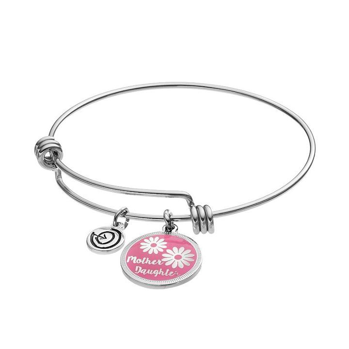 Love This Life Mother Daughter Flower Disc Charm Bangle Bracelet, Women's, Grey