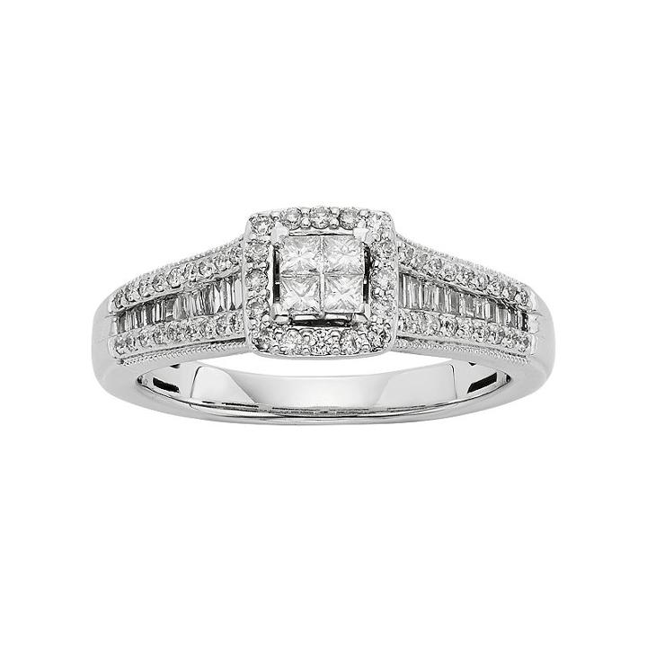 Diamond Tiered Square Halo Engagement Ring In 10k White Gold (1/2 Carat T.w.), Women's, Size: 6.50