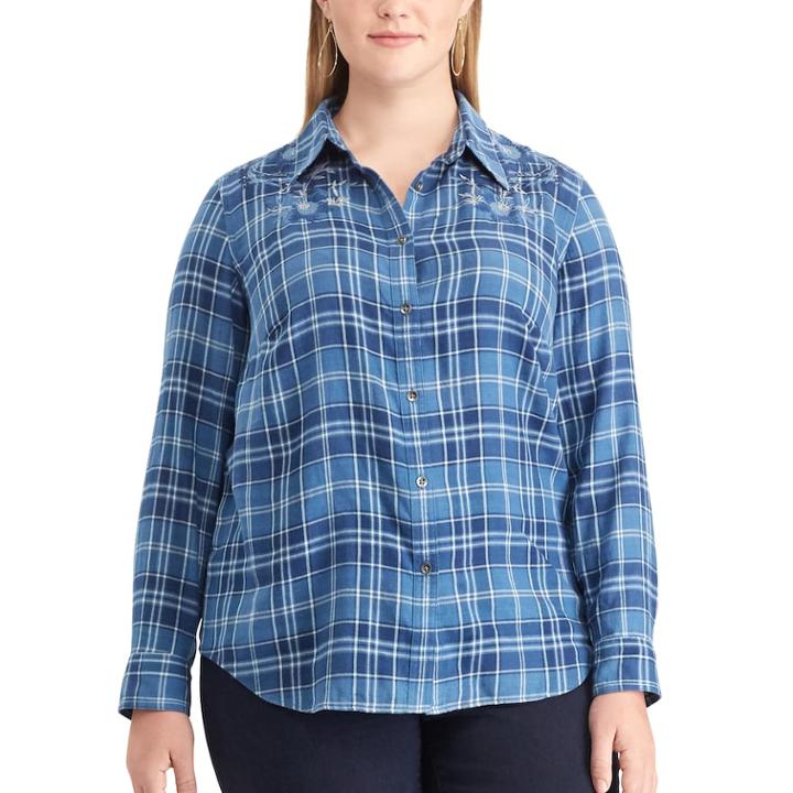 Plus Size Chaps Embroidered Button-down Shirt, Women's, Size: 3xl, Blue
