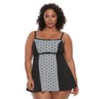 Plus Size A Shore Fit Hip Minimizer Printed One-piece Swimdress, Women's, Size: 16 W, Black
