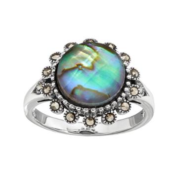 Tori Hill Sterling Silver Abalone Doublet & Marcasite Halo Ring, Women's, Size: 7, Grey