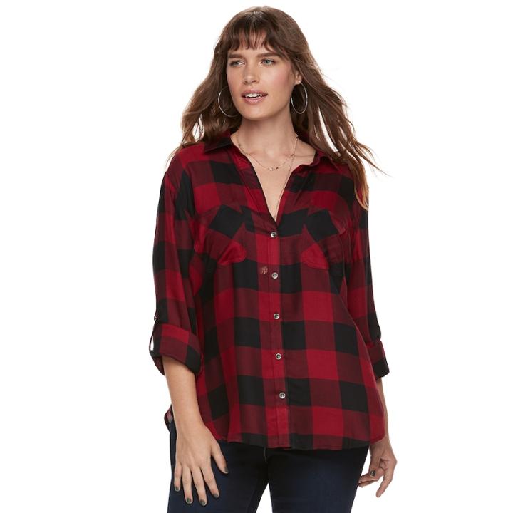 Plus Size Rock & Republic&reg; Plaid Roll-tab Shirt, Women's, Size: 1xl, Dark Red