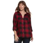 Plus Size Rock & Republic&reg; Plaid Roll-tab Shirt, Women's, Size: 1xl, Dark Red