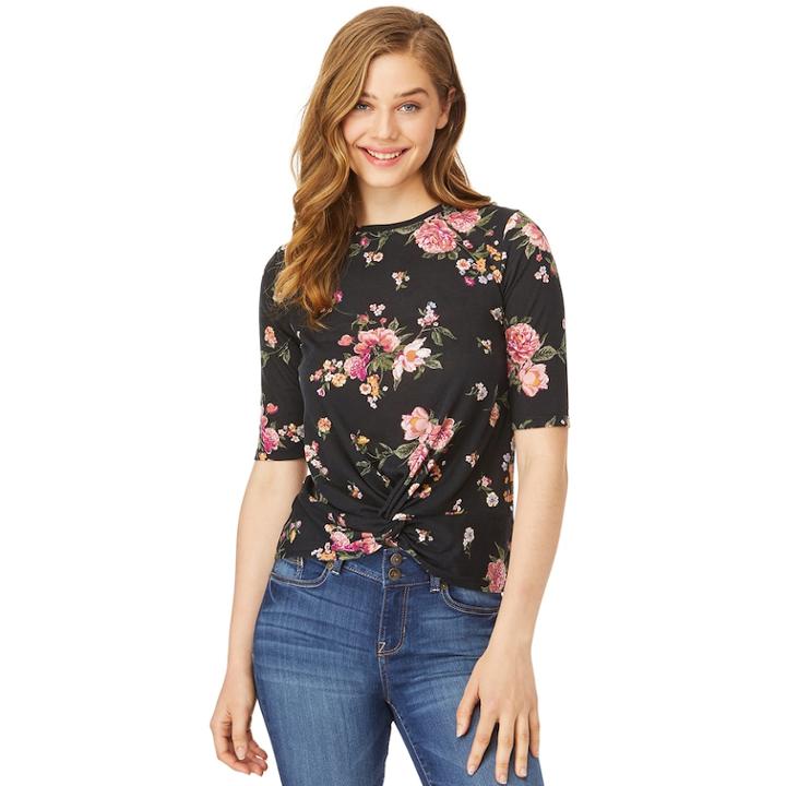 Juniors' Wallflower Floral Twist Front Tee, Teens, Size: Medium, Med Grey