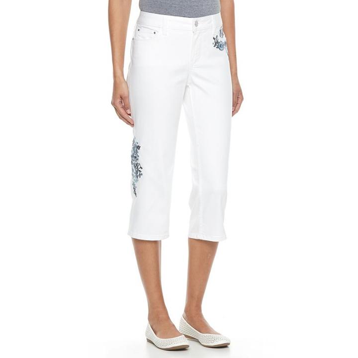 Women's Croft & Barrow&reg; Floral Embroidered Capri Jeans, Size: 10, White