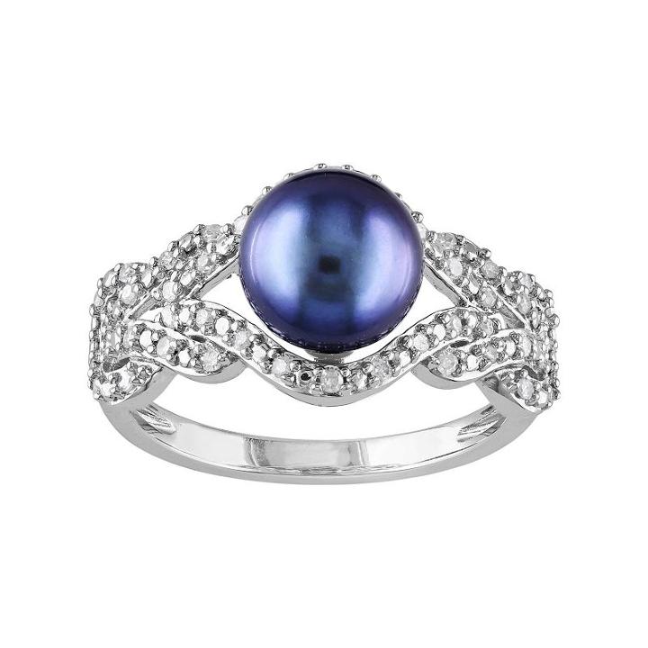 10k White Gold 1/5 Carat T.w. Diamond & Dyed Freshwater Cultured Pearl Ring, Women's, Black