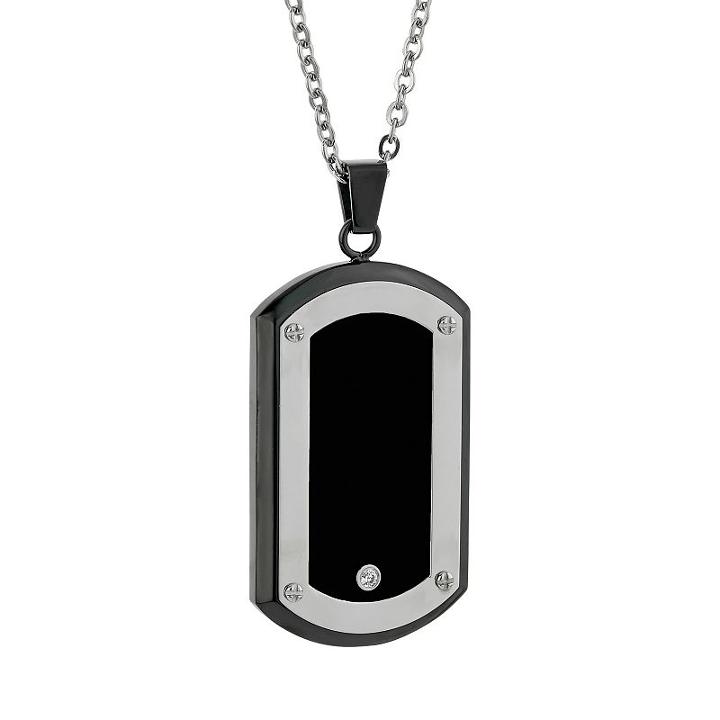 Lynx Cubic Zirconia Stainless Steel Two Tone Dog Tag Necklace - Men, Black