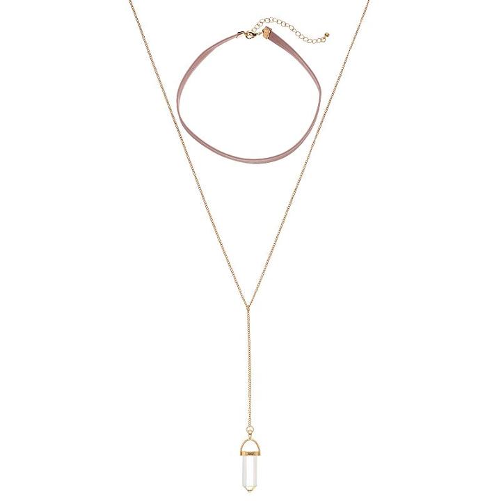 Pink Choker & Simulated Crystal Y Necklace Set, Women's, Brt Pink