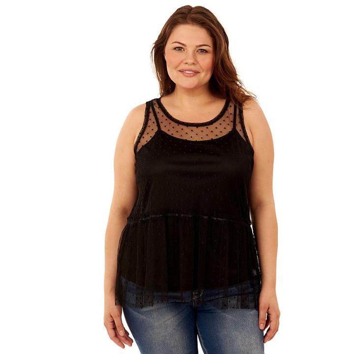 Juniors' Plus Size Wallflower Dot Mesh Peplum Tank, Teens, Size: 3xl, Black
