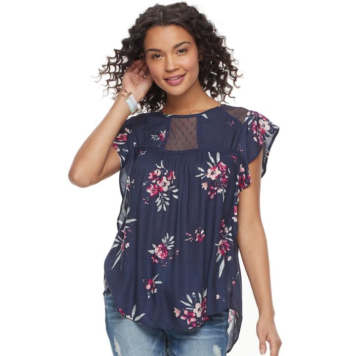 Juniors' Rewind Floral Flutter Sleeve Top, Teens, Size: Medium, Blue