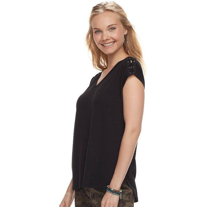 Juniors' Pink Republic Lace-up Short Sleeve Tee, Teens, Size: Xs, Black