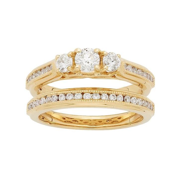 14k Gold 1 Carat T.w. Igl Certified Diamond 3-stone Engagement Ring Set, Women's, Size: 5, White