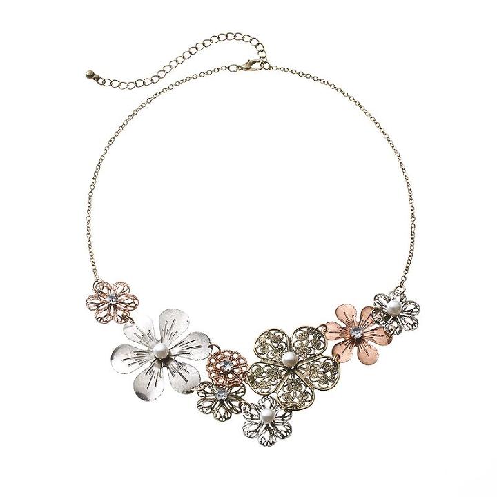 Mudd&reg; Four Tone Simulated Crystal And Simulated Pearl Filigree Flower Bib Statement Necklace, Women's, Multicolor