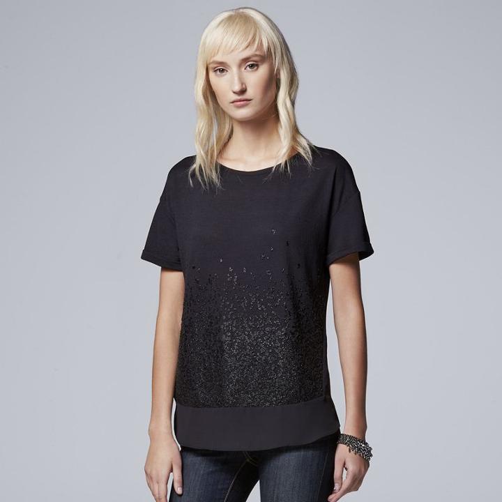 Petite Simply Vera Vera Wang Beaded Tee, Women's, Size: Xs Petite, Black