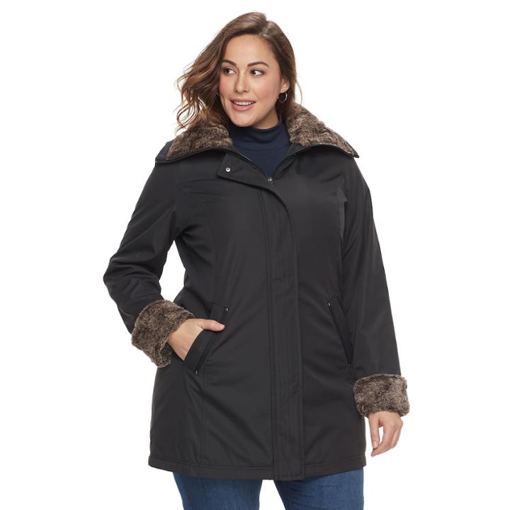 Plus Size Weathercast Faux-fur Trim Hooded Rain Jacket, Women's, Size: 3xl, Black
