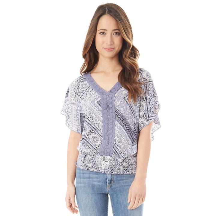 Juniors' Iz Byer Crochet Flutter Sleeve Top, Teens, Size: Medium, Denim Chevron Stripe