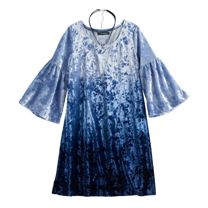 Girls 7-16 My Michelle Velvet Dip-dye Dress With Choker Necklace, Size: 16, Med Blue