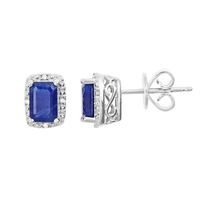 Sterling Silver Sapphire & Diamond Accent Rectangle Halo Stud Earrings, Women's, Blue