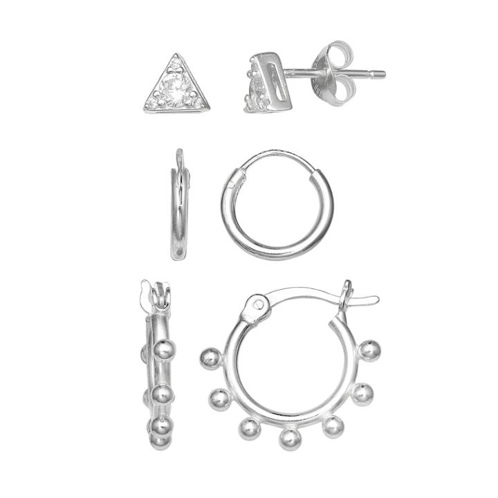 Primrose Sterling Silver Cubic Zirconia Triangle Stud & Hoop Earring Set, Women's, White